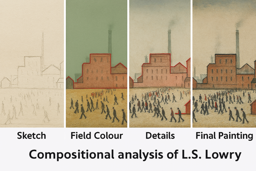 development of Lowry-inspired industrial landscape from sketch to finished painting