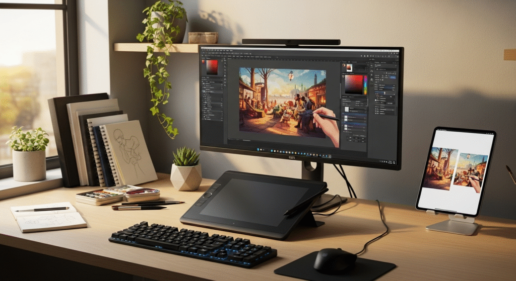 Best Digital Painting and Drawing Apps in 2025: A Complete Guide for Artists 3 Modern digital workspace showing various digital painting applications open on multiple screens with stylus and drawing tablet representing best digital art software 2025