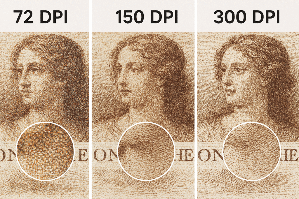 The Complete Guide to Poster Sizes: Everything You Need to Know About Dimensions, Printing, and Framing 7 Side-by-side comparison showing the same poster design at 72 DPI, 150 DPI, and 300 DPI demonstrating print quality differences