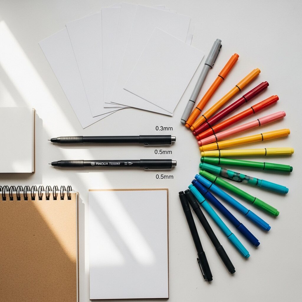 Easy Doodle Patterns for Beginners: Your First Step to Creative Doodling 3 Basic doodling supplies including black pens fine tip markers and blank white paper arranged on minimalist desk for beginner doodlers