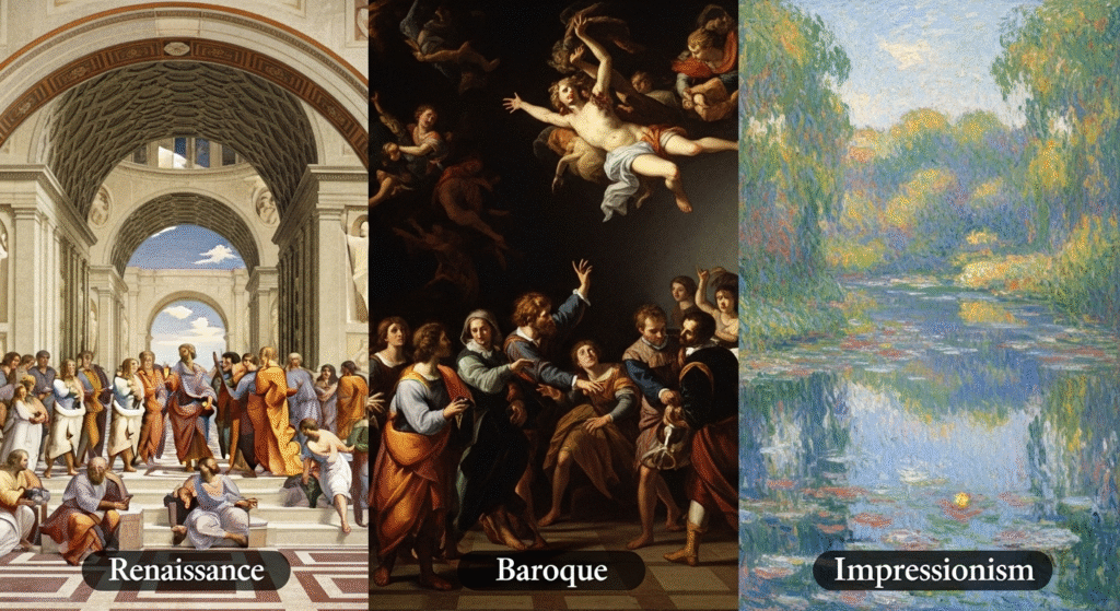 Time Travelers' Guide to the World's Most Famous Art Periods 🎨🏛 3 Side-by-side comparison of Renaissance, Baroque, and Impressionist painting styles showing distinct characteristics of three major famous art periods