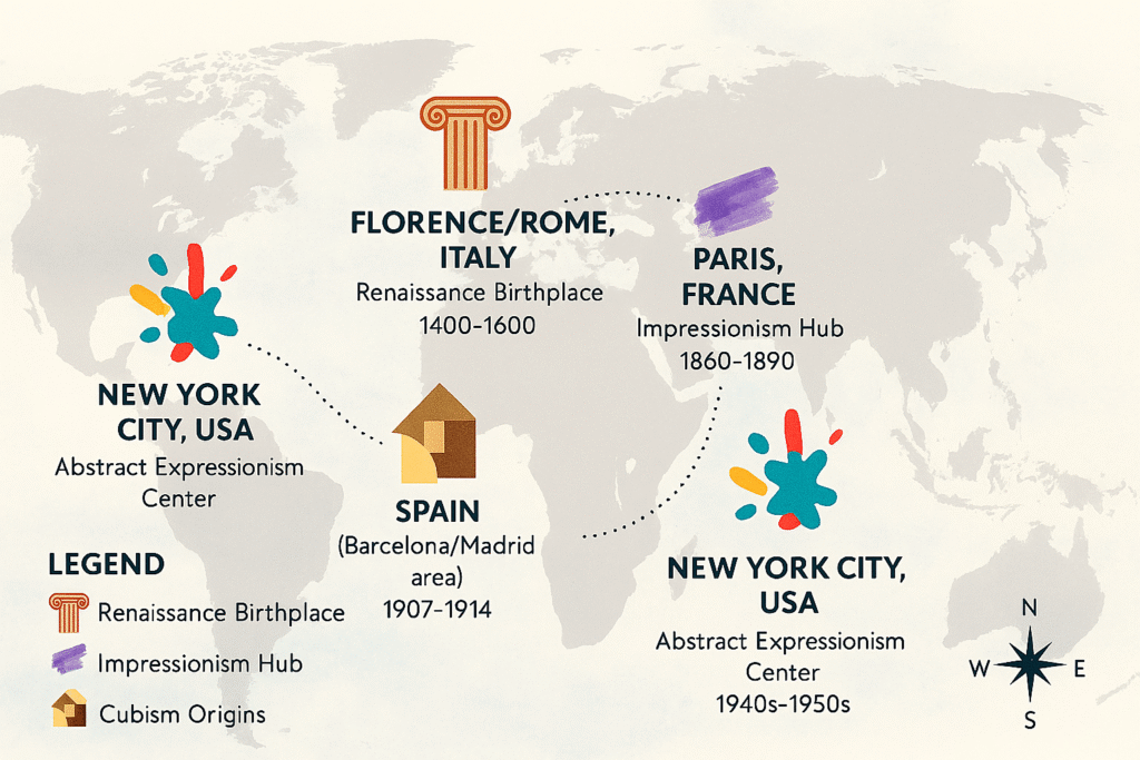 Time Travelers' Guide to the World's Most Famous Art Periods 🎨🏛 4 Infographic world map showing geographic origins of major famous art periods including Renaissance in Italy, Impressionism in France, and Abstract Expressionism in New York