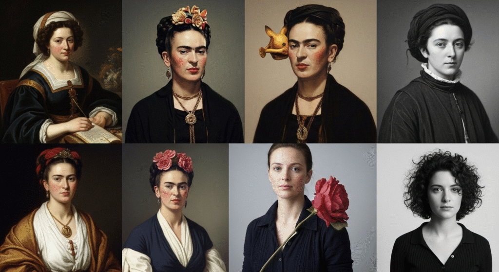 Collage featuring portraits of famous rebellious female artists including Artemisia Gentileschi, Frida Kahlo, Suzanne Valadon, and contemporary artists