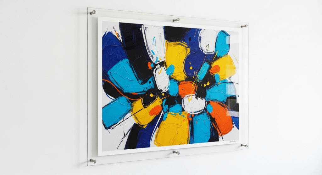 The Art of the Affordable: How to Master Buying Budget Art Prints and Framing Hacks for Any Space 9 Oversized abstract buying budget art prints mounted between two sheets of plexiglass using architectural stand-off bolts for a modern, frameless display.