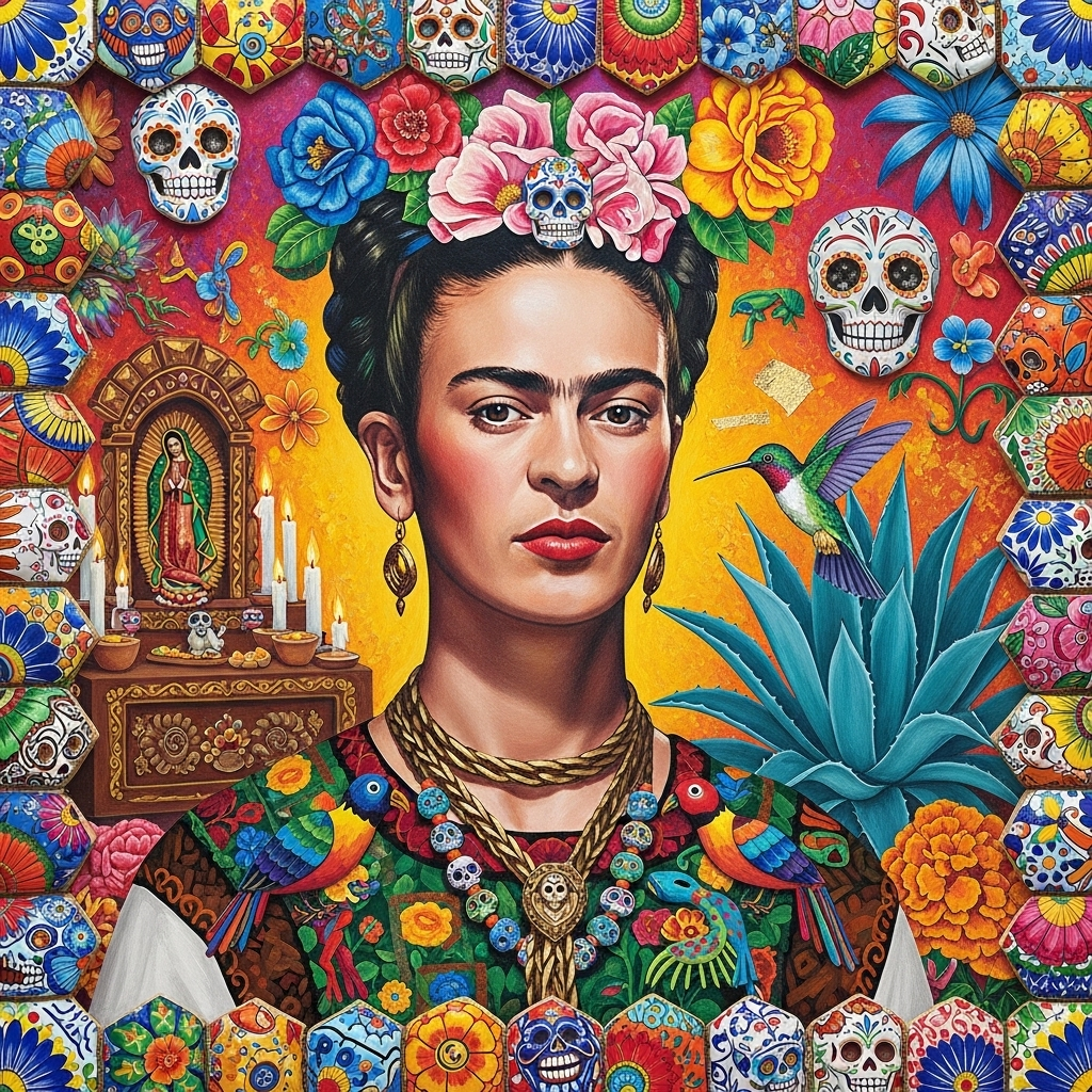 Frida Kahlo self-portrait incorporating Mexican folk art elements, vibrant colors, and symbolic imagery