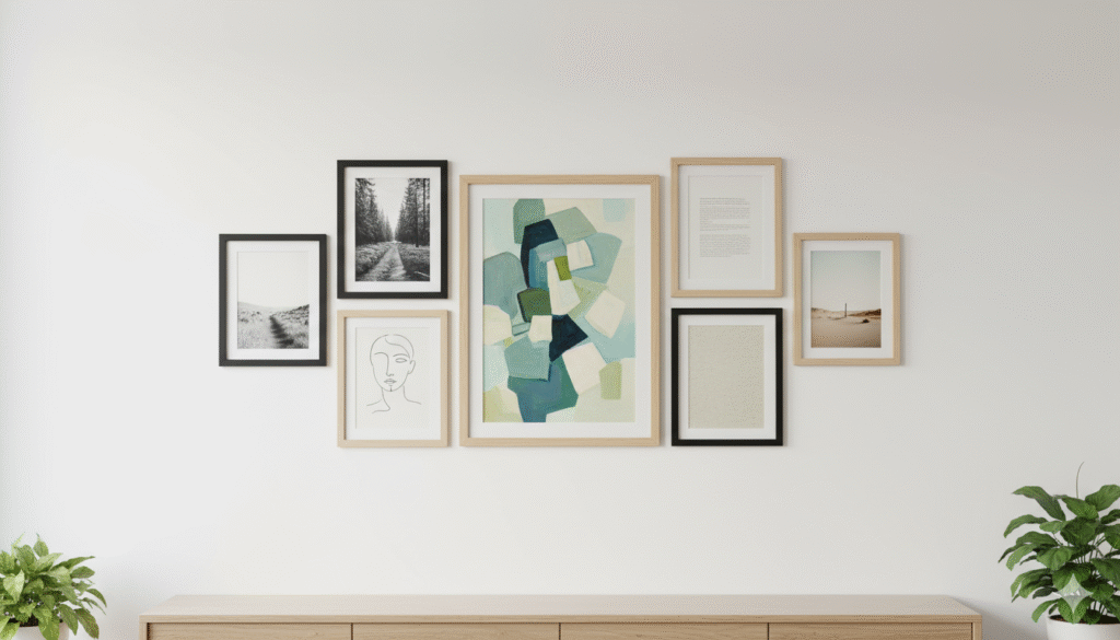 The Complete Guide to Poster Sizes: Everything You Need to Know About Dimensions, Printing, and Framing 9 Professional gallery wall layout showing multiple poster sizes (18×24, 11×17, 16×20) with consistent 3-inch spacing and balanced composition