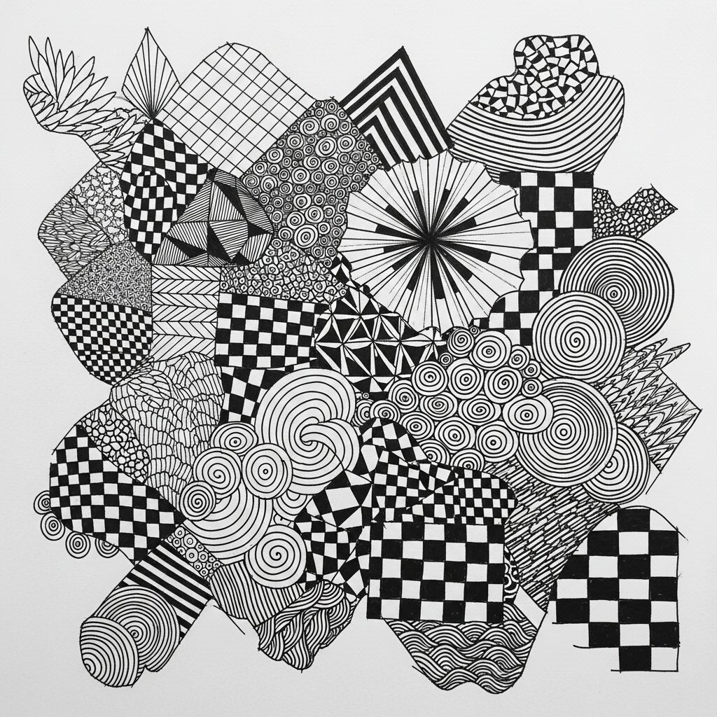 Easy Doodle Patterns for Beginners: Your First Step to Creative Doodling 4 Easy geometric doodle patterns for beginners including grids zigzags concentric circles and checkerboard designs in black ink