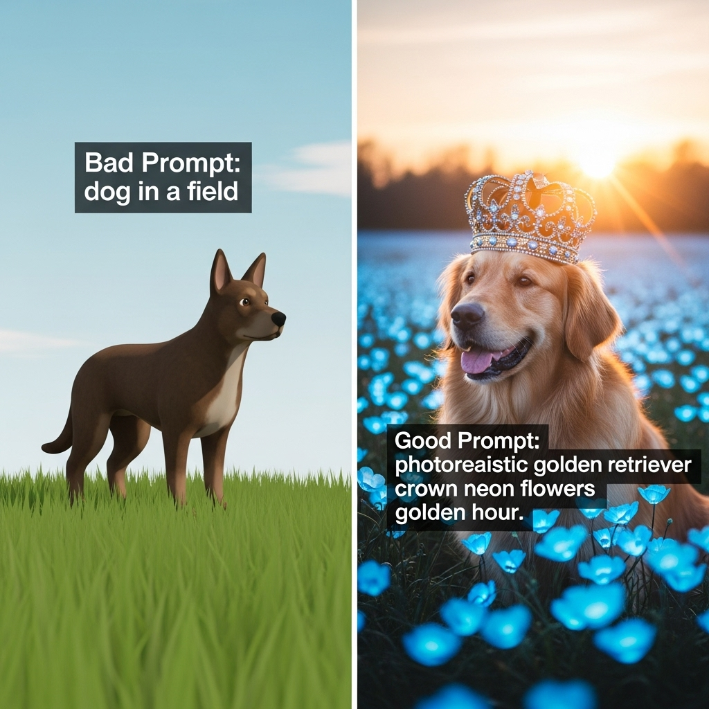 Comparison showing the difference between a simple, generic AI art prompt and a detailed, high-quality AI painting prompt