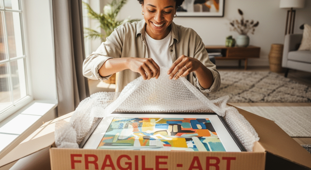 Your Complete Online Art Marketplaces Buyer Guide: Find Unique Art Safely 10 Smiling person carefully unwrapping newly delivered framed artwork in bright home interior