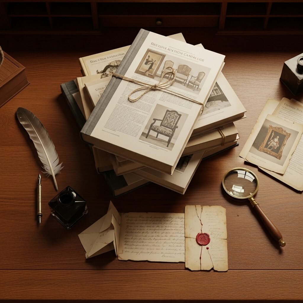 Stack of old, open auction catalogs, alongside historical documents, a magnifying glass, and a pen, representing traditional provenance paper trail research.