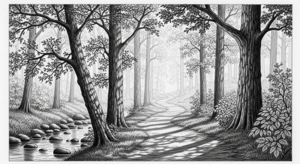 Inspirational drawing target: wood and stream