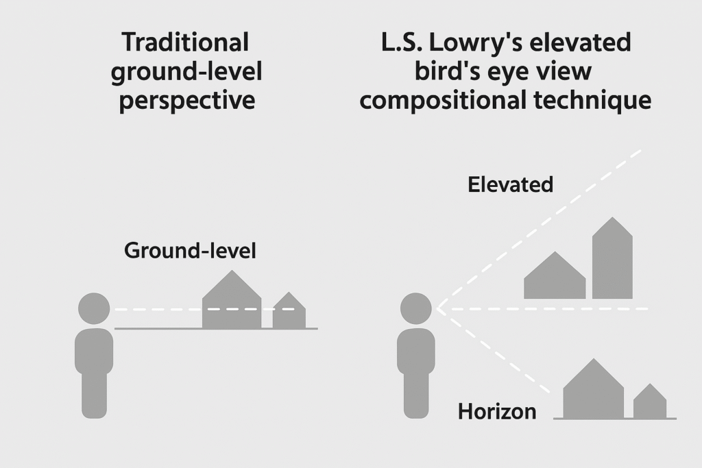 Comparison of traditional ground-level vs. Lowry's elevated bird's eye view