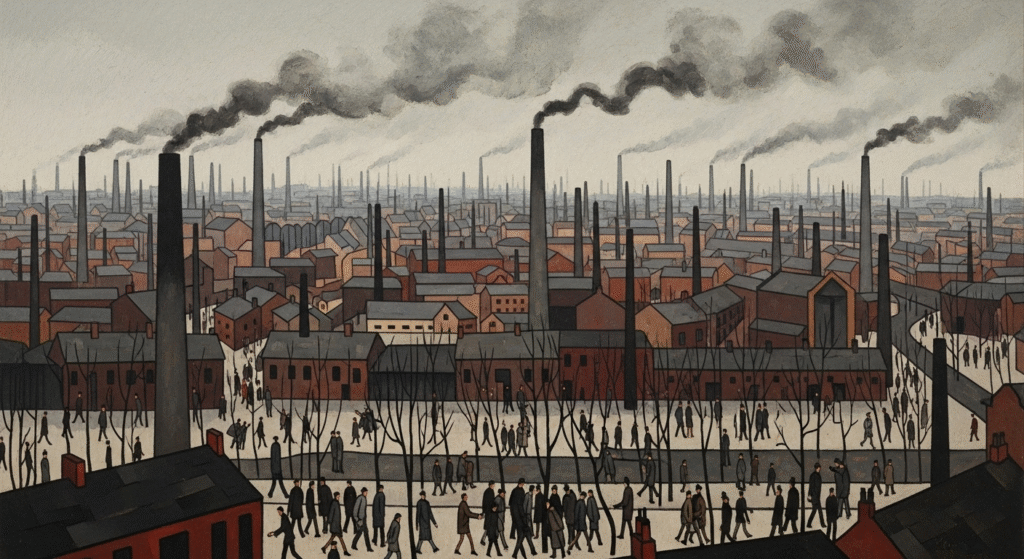 L.S. Lowry industrial landscape painting showing elevated perspective with matchstick figures and factory chimneys demonstrating compositional techniques