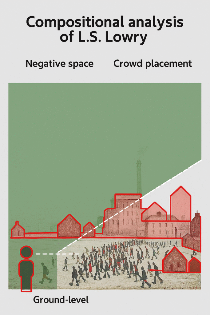 Compositional analysis diagram highlighting negative space and crowd placement in L.S. Lowry industrial scene painting
