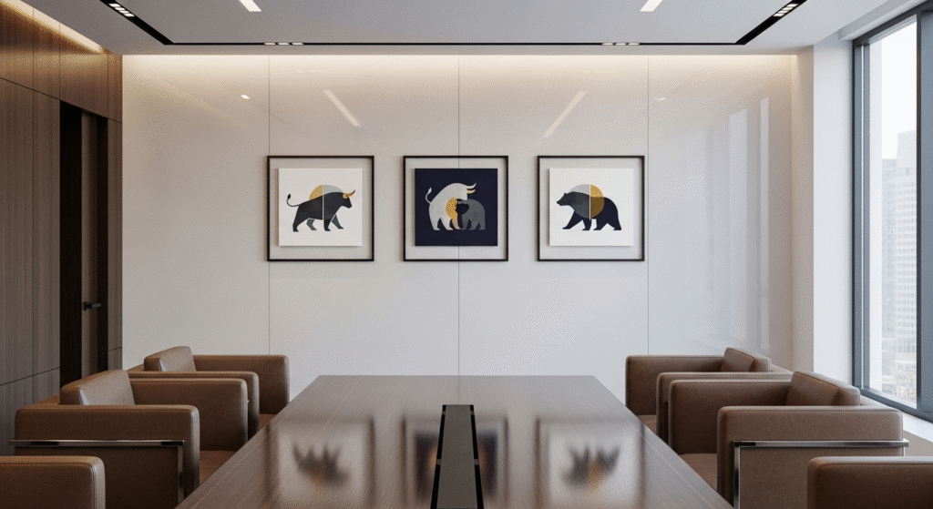 The Art of the Affordable: How to Master Buying Budget Art Prints and Framing Hacks for Any Space 8 Symmetrical arrangement of minimalist abstract prints in thin black frames, creating a stable and professional aesthetic for a finance institution office.