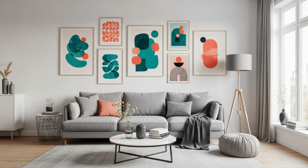 The Complete Guide to Modern Art Prints: Transform Your Space on Any Budget 3 Modern art prints arranged in a gallery wall above a contemporary sofa with geometric patterns and bold colors
