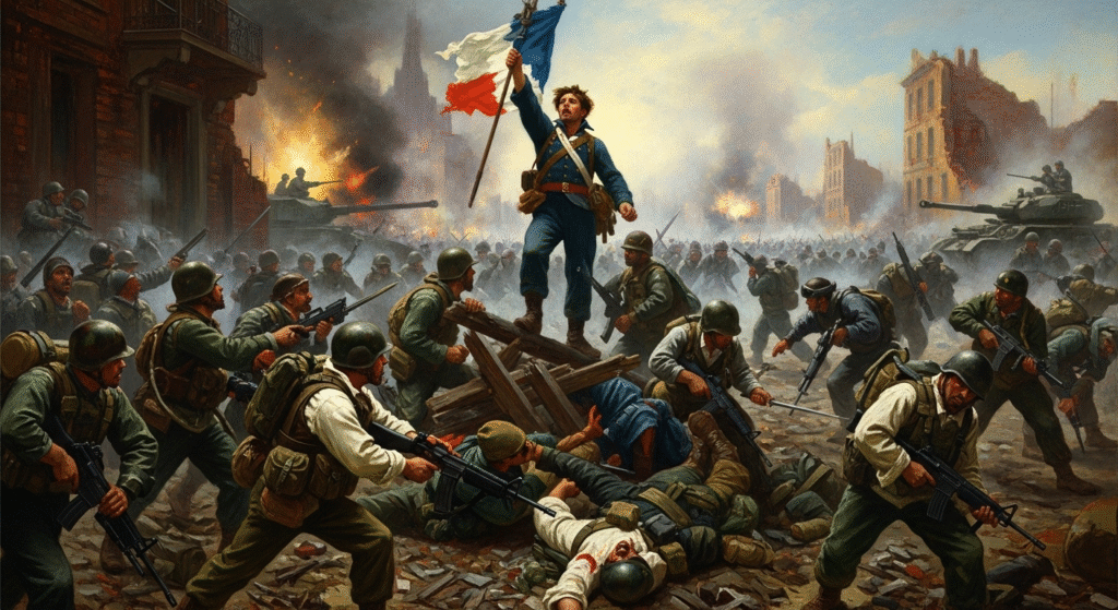 modern battle in the style of Delacroix