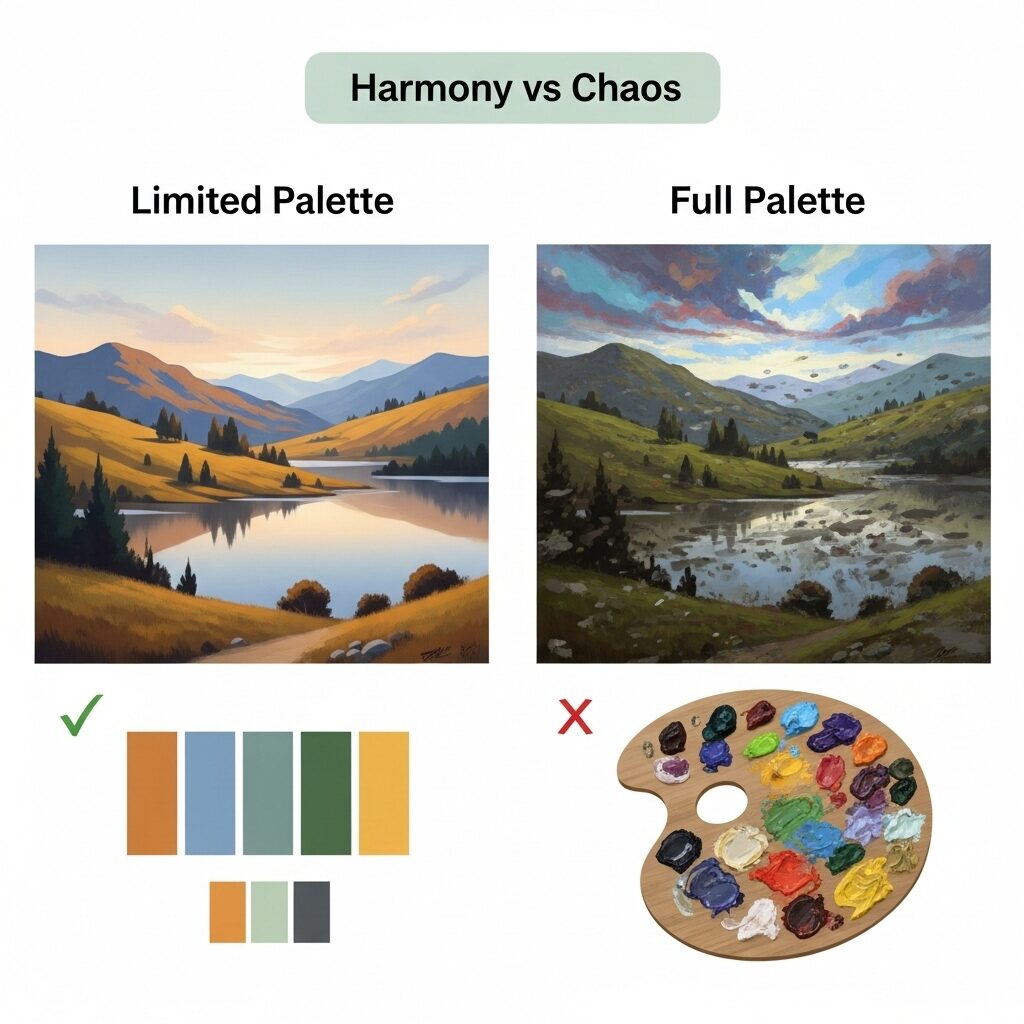Comparison showing advantages of limited palette color mixing versus using full spectrum of colors for cleaner paintings