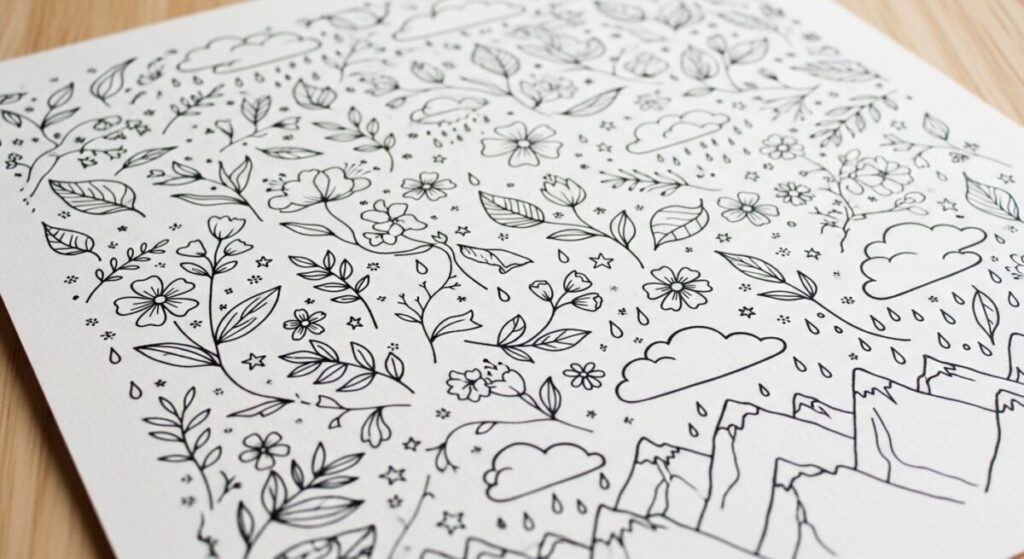 Easy Doodle Patterns for Beginners: Your First Step to Creative Doodling 5 Simple nature-inspired doodle patterns featuring hand-drawn leaves flowers botanical elements and organic shapes for beginner artists