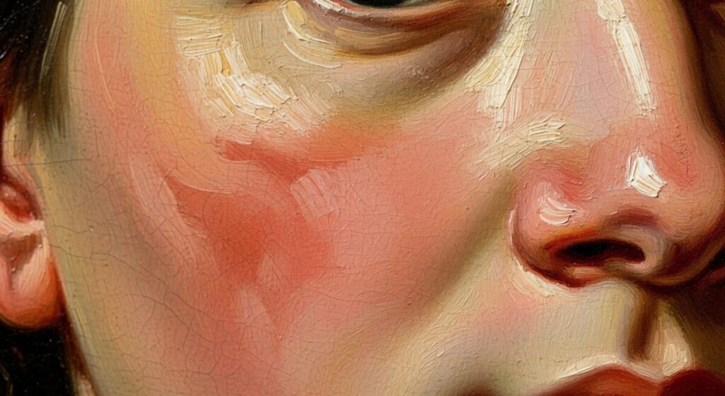 Macro detail of Old Master portrait showing varied warm and cool skin tones with visible brushwork
