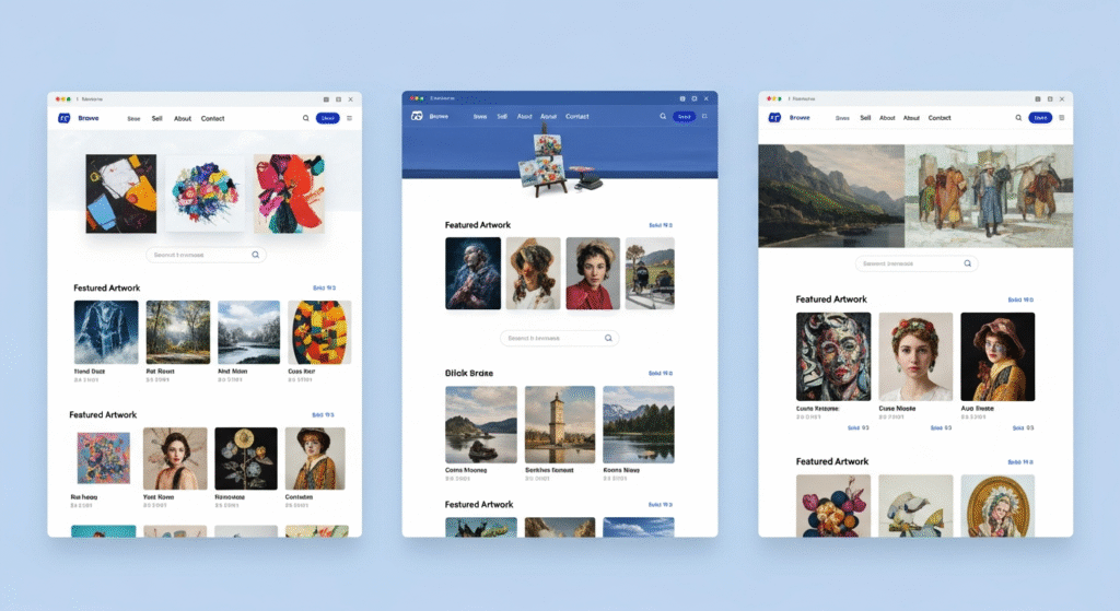 Your Complete Online Art Marketplaces Buyer Guide: Find Unique Art Safely 3 Online Art Marketplaces: Collage of popular online art marketplace interfaces showing diverse artwork from Saatchi Art, Artsy, and Etsy