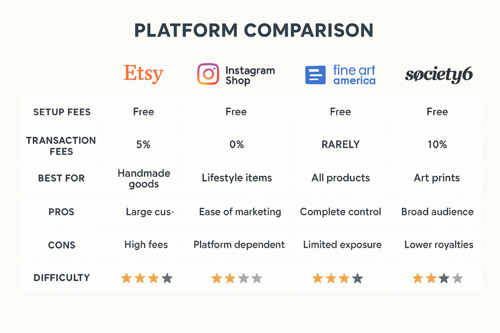 How to Start Selling Calligraphy Art: A Complete Guide for Aspiring Artists 5 Side-by-side comparison chart of major online selling platforms showing fees, features, and best uses for calligraphy artists including Etsy, Instagram, and art marketplaces
