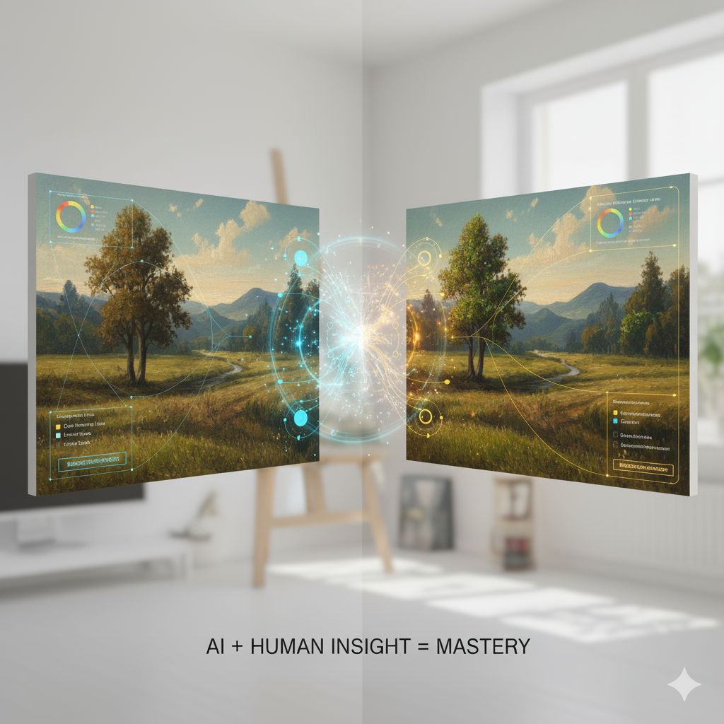 Before and after comparison of landscape painting showing improvements made using both AI technical analysis and human creative feedback