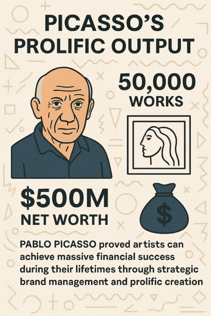Do Painters Have to Die to Become Famous? Debunking the Van Gogh Myth 5 Infographic showing Picasso's prolific output of 50000 works and $500 million net worth