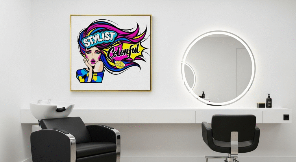 The Art of the Affordable: How to Master Buying Budget Art Prints and Framing Hacks for Any Space 7 High-contrast Pop Art canvas print in a thin metallic frame, used as dynamic, durable wall art in a trendy hair salon environment.