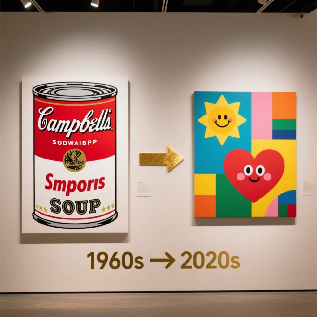 From Office Clipboards to Canvas: How Clip Art Became Fine Art 8 Visual comparison showing parallel between Andy Warhol's Pop Art elevation of commercial products and contemporary artists painting mass-produced clip art imagery