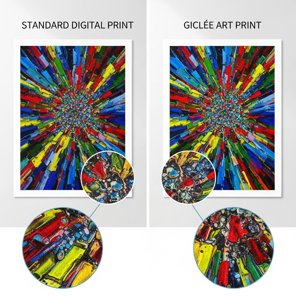 The Complete Guide to Modern Art Prints: Transform Your Space on Any Budget 4 Side-by-side comparison of standard digital print versus giclée print showing color depth differences