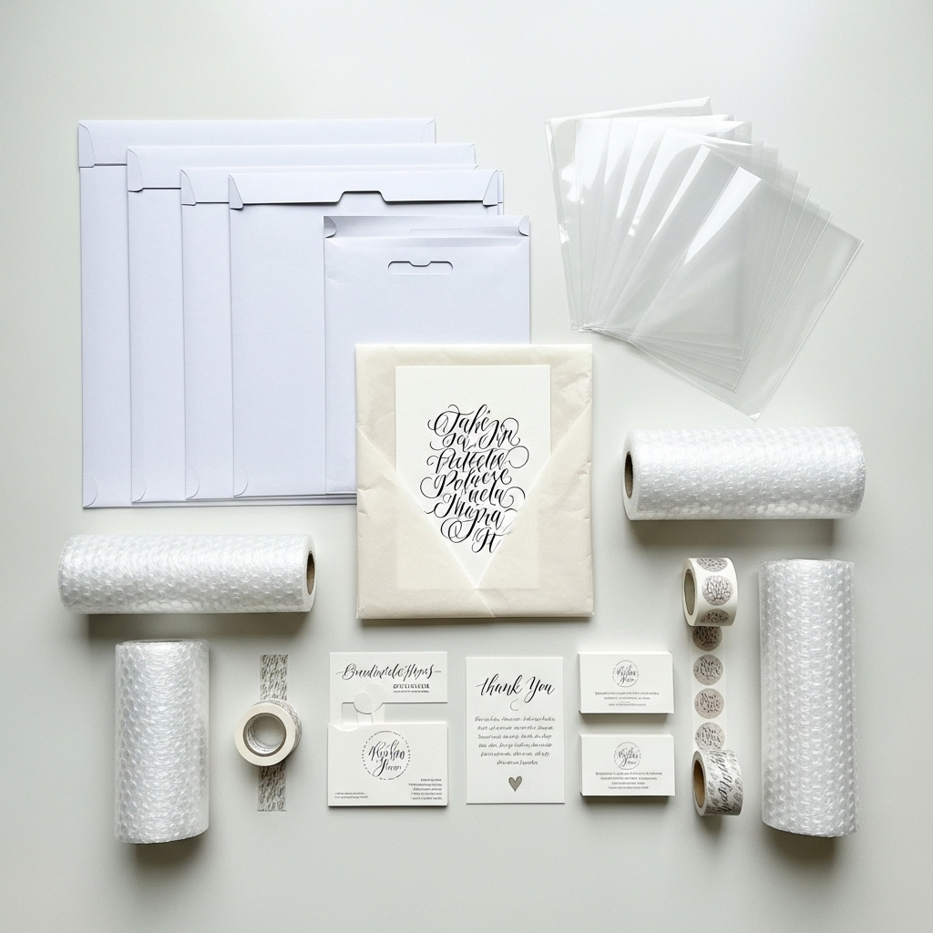 How to Start Selling Calligraphy Art: A Complete Guide for Aspiring Artists 8 Professional packaging materials including rigid mailers, tissue paper, protective sleeves, and branded thank-you cards for shipping calligraphy artwork safely