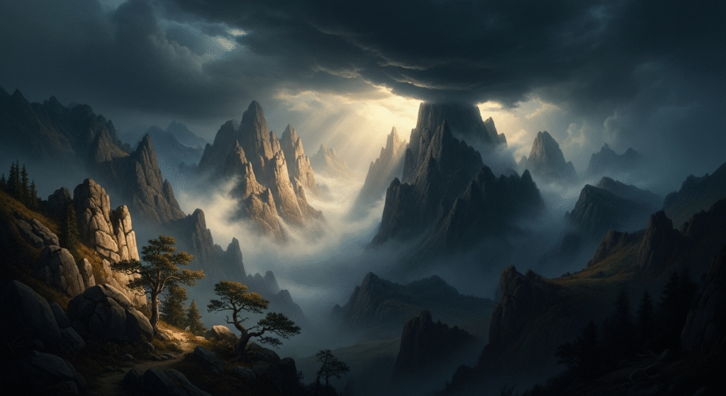 The Role of Nature in Romanticism: Beyond Pretty Landscapes 3 Dramatic Romantic era landscape painting with mountains and stormy sky