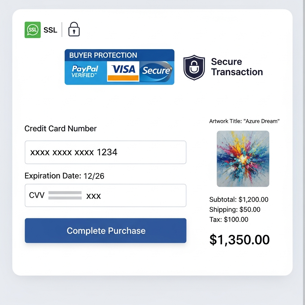 Your Complete Online Art Marketplaces Buyer Guide: Find Unique Art Safely 8 Secure payment interface showing SSL certificate and buyer protection badges for online art purchase