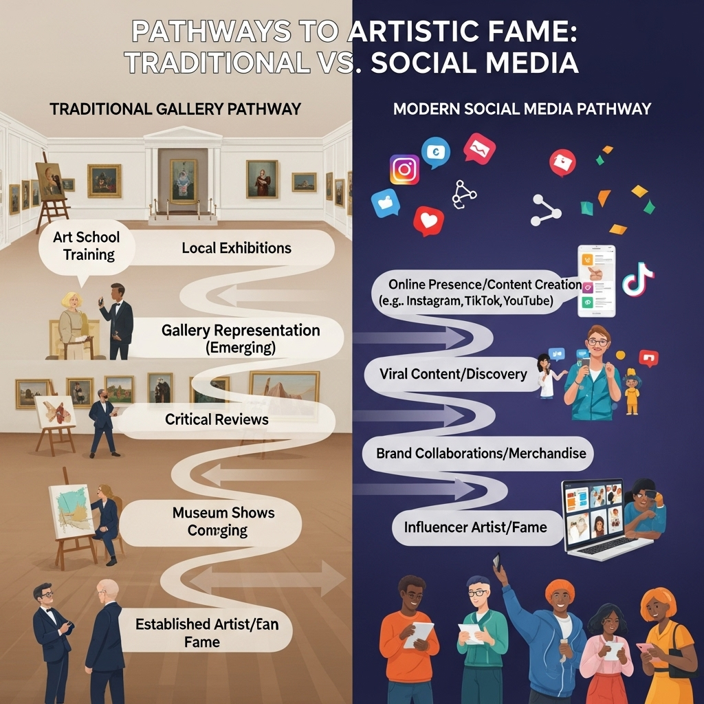 Do Painters Have to Die to Become Famous? Debunking the Van Gogh Myth 7 Comparison chart showing traditional gallery pathway versus modern social media pathway to artistic fame