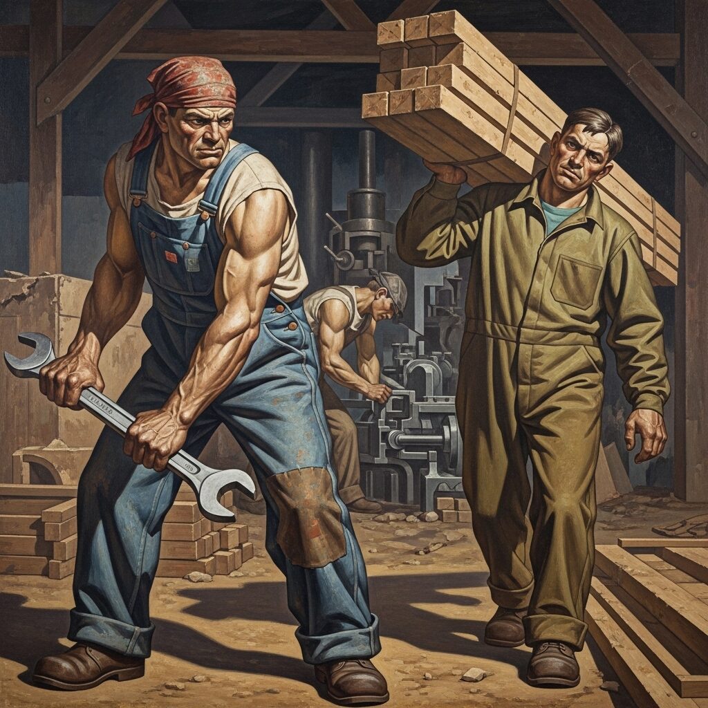 Social Realism art mural painting featuring industrial workers with tools in realistic style showing emotional depth and monumental composition 