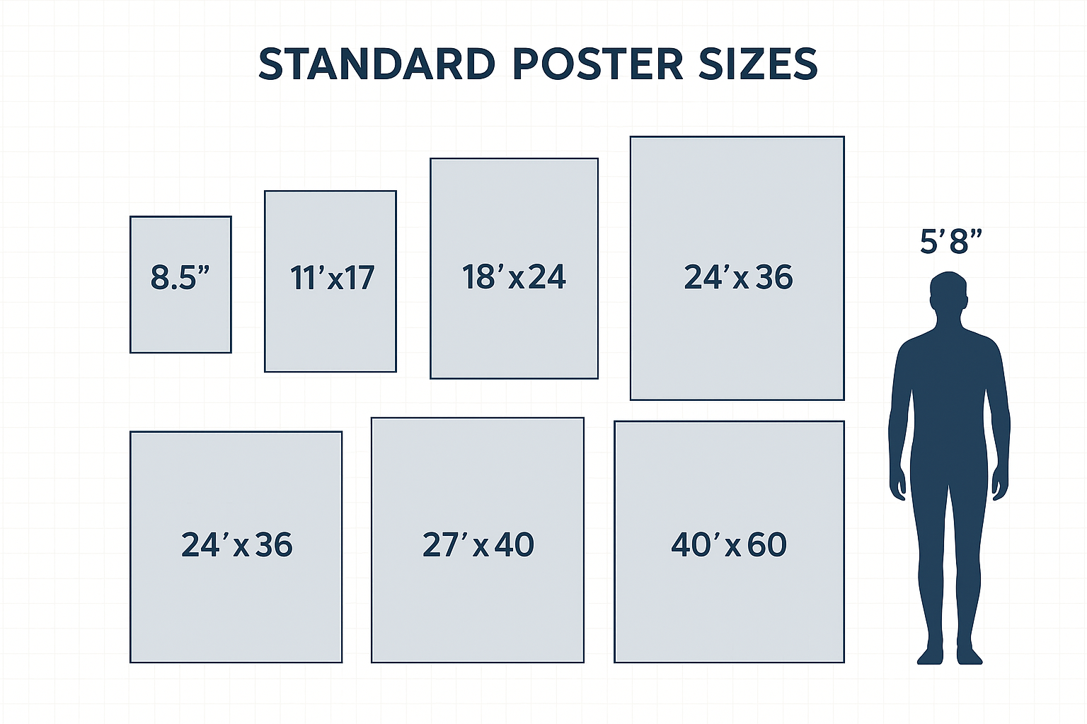 The Complete Guide to Poster Sizes: Everything You Need to Know About Dimensions, Printing, and Framing 3 Visual comparison chart showing common poster sizes from 8.5x11 inches to 40x60 inches with accurate measurements and proportional scaling
