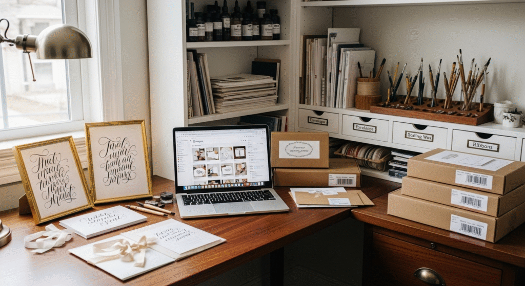 How to Start Selling Calligraphy Art: A Complete Guide for Aspiring Artists 9 Organized home calligraphy studio with completed orders ready to ship, packaging materials, computer showing online shop, and beautiful lettering samples displayed on wall