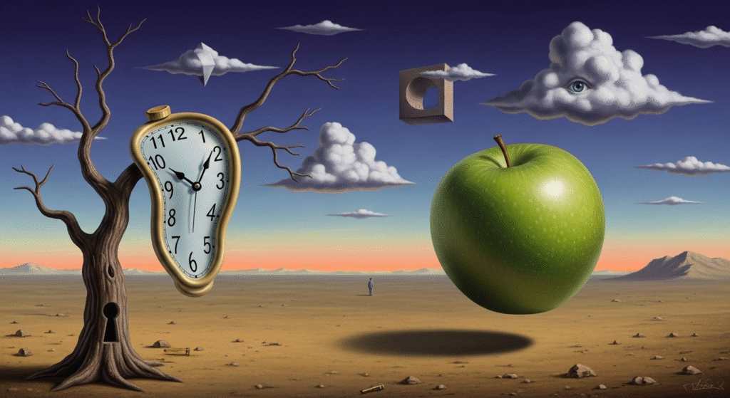 Time Travelers' Guide to the World's Most Famous Art Periods 🎨🏛 6 Surrealist painting featuring iconic melting clock and floating apple in dreamlike desert landscape representing Surrealism famous art period of 1920s-1950s