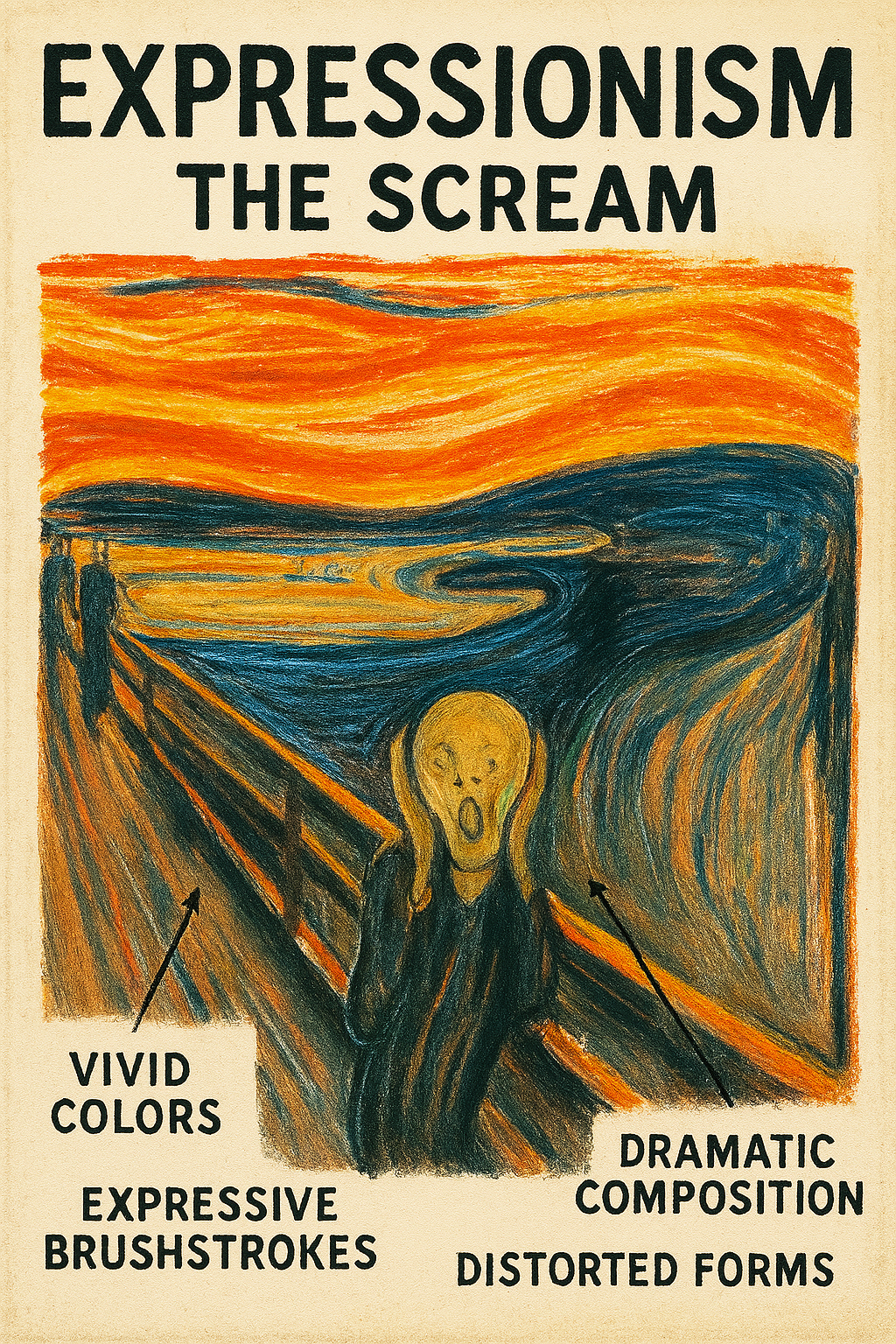 Educational breakdown of The Scream showing key expressionist painting techniques with labeled annotations