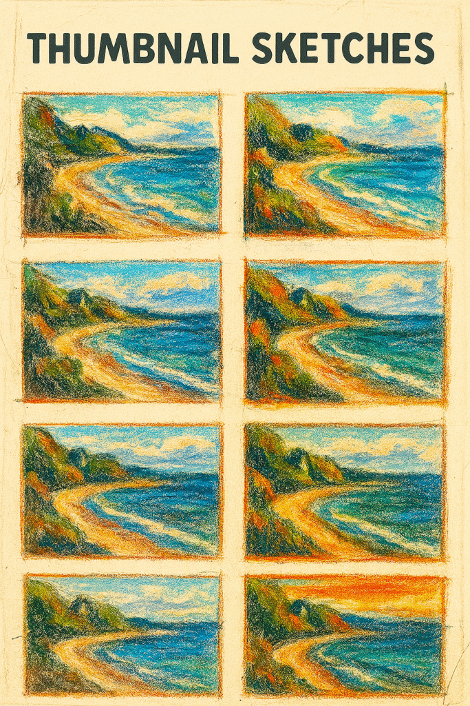 Top 5 Common Pastel Painting Mistakes (and How to Avoid Them) 8 Series of thumbnail sketches showing composition development process