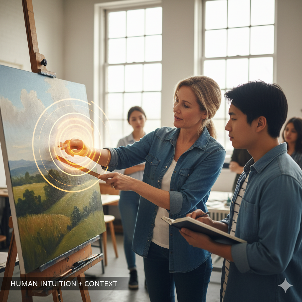 Artist receiving constructive feedback during traditional art critique session with instructor pointing to specific elements in the artwork