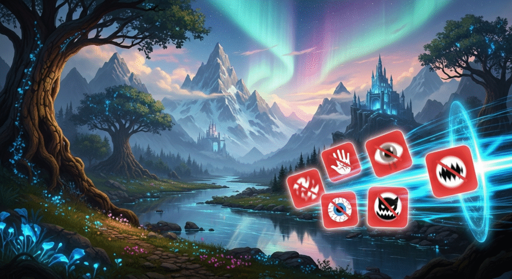 Conceptual illustration of a negative prompt feature in AI art, showing bad elements being rejected from a fantasy landscape