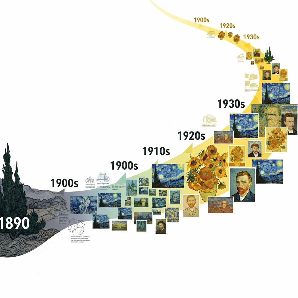 Do Painters Have to Die to Become Famous? Debunking the Van Gogh Myth 8 Timeline showing Van Gogh's death in 1890 and his gradual rise to fame over the following decades
