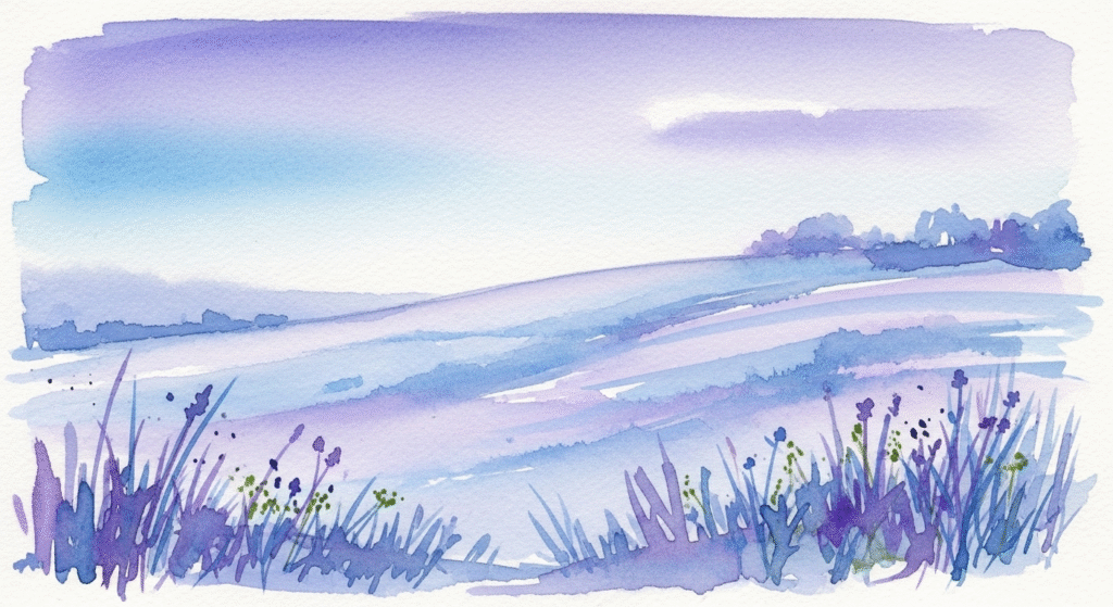 Watercolor landscape on paper featuring soft blue and purple tones, highlighting a more intimate and affordable medium for new collectors