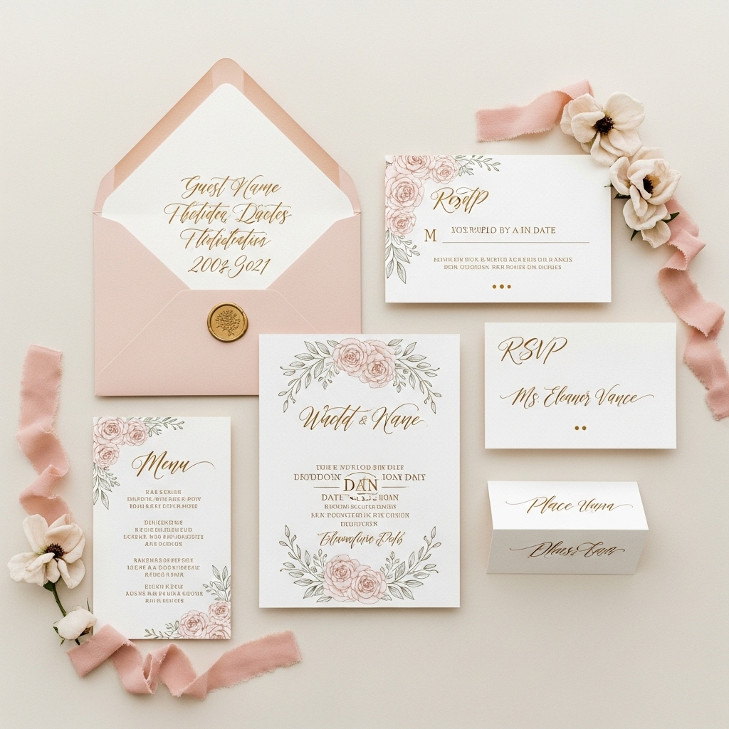 How to Start Selling Calligraphy Art: A Complete Guide for Aspiring Artists 7 Elegant wedding calligraphy suite featuring envelope addressing, invitation design, place cards, and decorative elements in coordinated romantic style