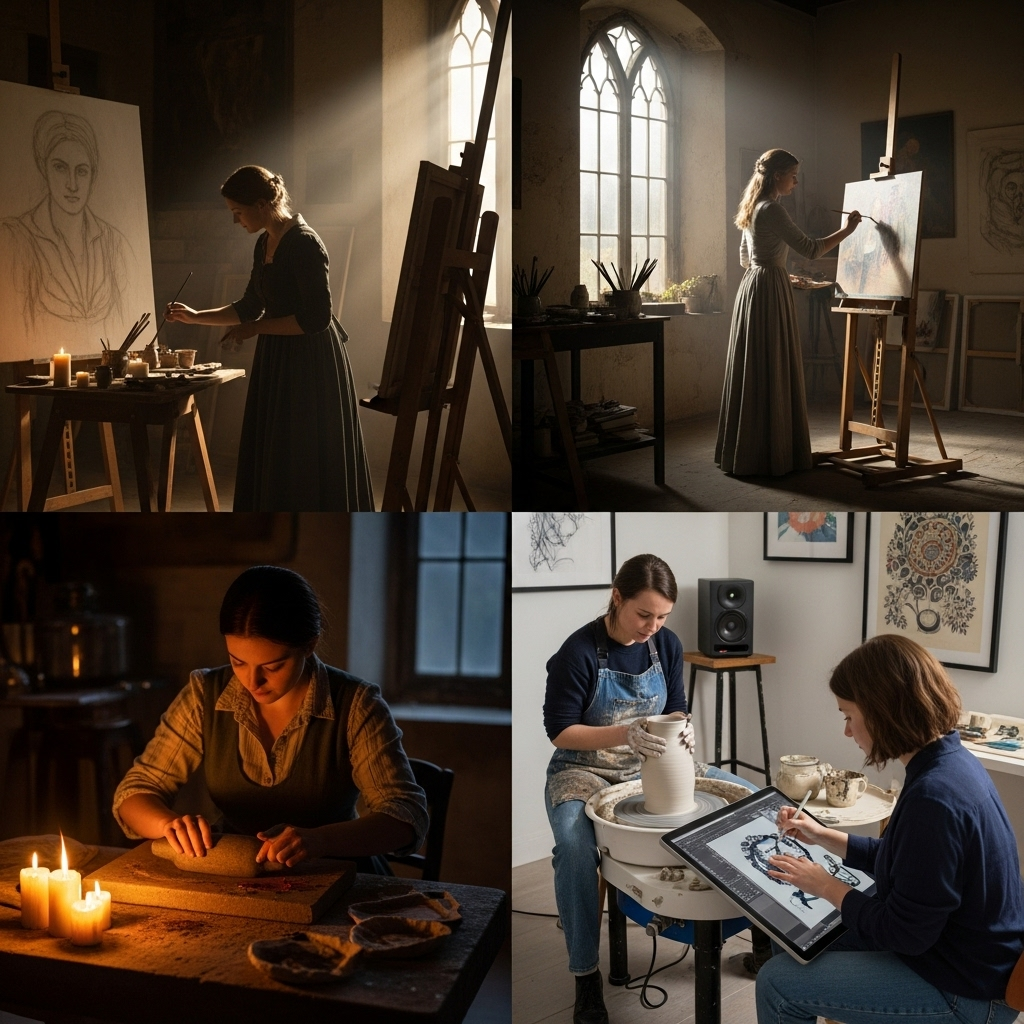 Montage showing female artists working in studios from different time periods, from historical to contemporary settings