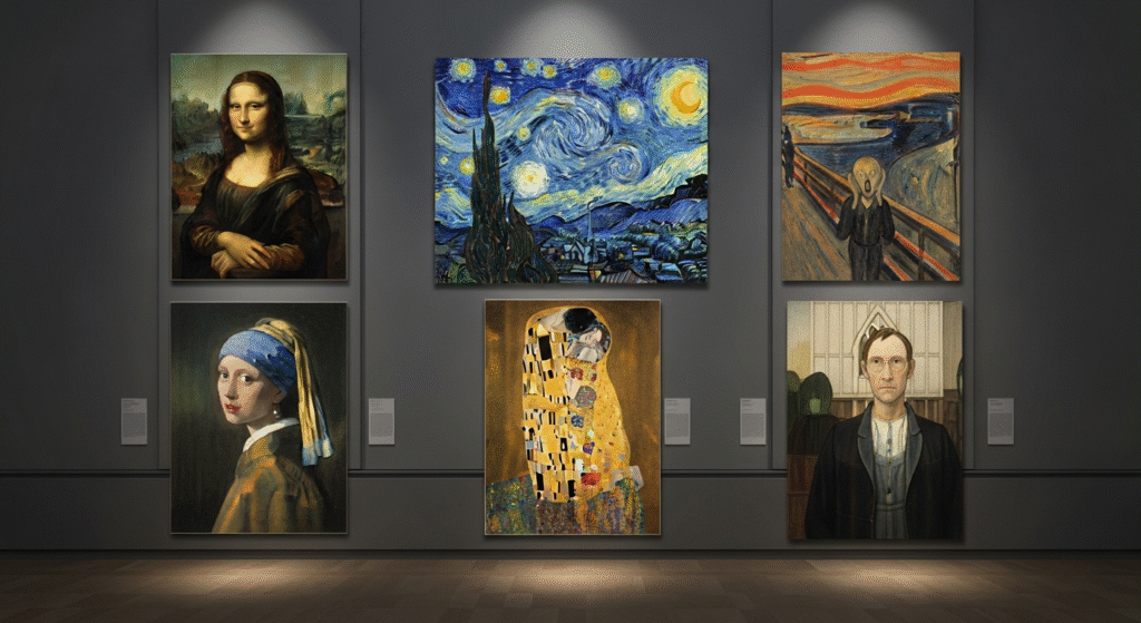 Famous painters and paintings collage featuring Mona Lisa, The Starry Night, The Scream, and other iconic masterpieces