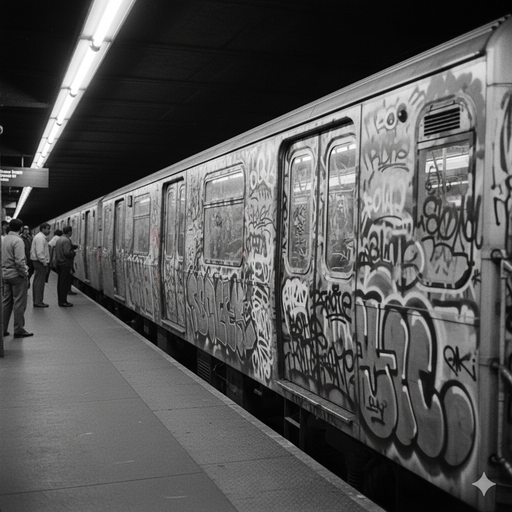 The Art of the Tag: A Deep Dive into Letter Graffiti Art 4 Historical photograph showing colorful graffiti covering a New York City subway car in the 1970s