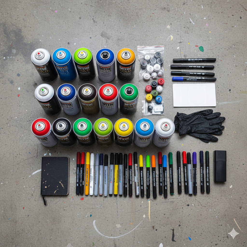 The Art of the Tag: A Deep Dive into Letter Graffiti Art 6 Collection of spray paint cans with various caps and markers used in graffiti art